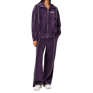 Women's Dark Blue <b>Velour</b> Eco-Friendly Fleece Hooded <b>Tracksuit</b> Full Sleeve Drawstring Side Pockets Solid Color Sporty Winter - Product Image 6