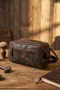 Trousse de Toilette en Cuir Taille Moyenne Style Vintage Fermeture Éclair Poignée Souple Étui Cosmétique Durable pour Voyage - Product Image 2