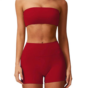 Women 2 Piece Yoga Set Double Layer Strap <b>Crop</b> <b>Top</b> High Waist Shorts Solid Red Seamless Spandex/Nylon Breathable Sheer Mesh - Product Image 2