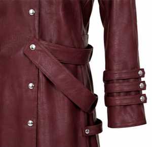 Men's <b>Burgundy</b> Leather Long <b>Coat</b> Stand Collar Single Breasted Overcoat with Belt Buttons - Product Image 2