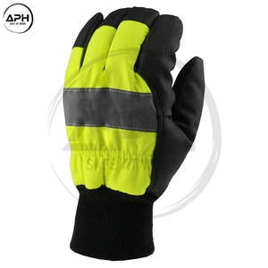 High Visibility Yellow Fabric Black Synthetic Leather Palm Work <b>Gloves</b> Reflective Strip Knit Elastic Wrist Mechanics Hand <b>Gloves</b> - Product Image 4