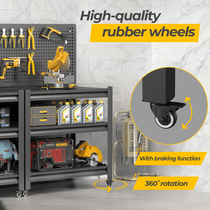 Banco da Lavoro Robusto con Ruote, Capacità 1360 kg, con Pannello Forato e Ripiani Regolabili, Carrello Porta Attrezzi, Tavolo da Lavoro per Garage - Product Image 4