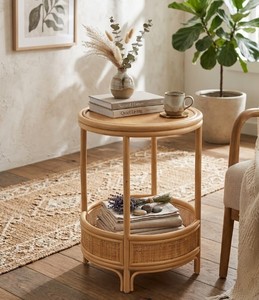 Natural Rattan Round Coffee <b>Table</b> with Lower <b>Storage</b> Shelf, Handwoven Wicker <b>Side</b> <b>Table</b> for Living Room, Patio, Bedroom and Home - Product Image 6