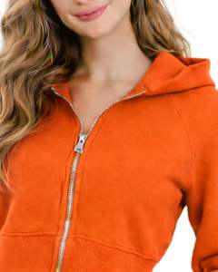 Sudadera con capucha corta personalizada para mujer, con cremallera, manga larga, informal, de felpa suave, estilo urbano, color naranja, para otoño e invierno. - Product Image 3