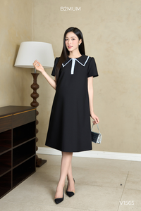 B2 MUM V1565 ชุดเดรสออฟฟิศทรงเอแขนสั้นลายทางสีน้ำเงินชั้นเดียวระบายอากาศได้เป็นมิตรกับสิ่งแวดล้อมฤดูร้อนนุ่มสบาย - Product Image 2