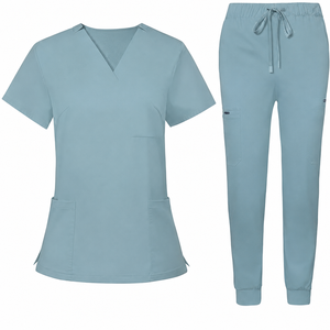 Ensemble de tenue médicale unisexe bleu clair, haut à col en V et manches courtes, pantalon jogger avec poches, BNSB SPORTS, polyester, détection d'aiguilles, hôpital - Product Image 1