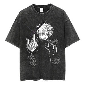 T-shirt noir oversize pour homme, effet délavé, avec imprimé personnage d'anime, manches courtes, col rond, style streetwear, en jersey de coton - Product Image 1