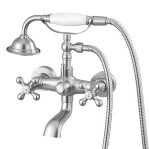 Rubinetto Vintage in Nichel Spazzolato per Vasca con Piedini, Miscelatore da Parete per Vasca e Doccia, con Doccetta a Mano - Product Image 1