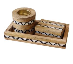 Mango Wood Incense Burner Set Bulk Luxury Wooden Bakhoor Censer with <b>Matching</b> Storage <b>Box</b> and Tray Geometric Zigzag Pattern - Product Image 2