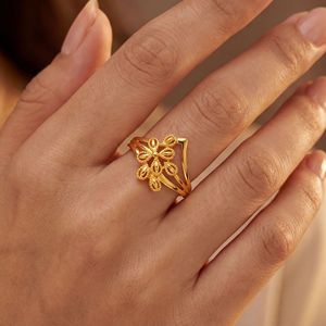 Bloomlight Meadow Gold <b>Ring</b> Premium Gold Finish Flower and Leaf <b>Ring</b> for Women Designer Open <b>Split</b> Shank Floral Fashion Jewelry - Product Image 2