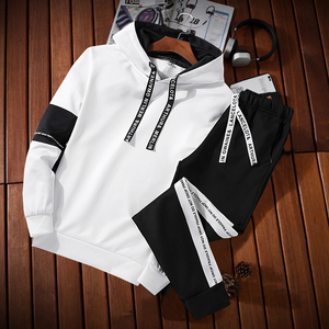 Men's White Hooded 2 1 Tracksuit Set Full Sleeve <b>Black</b> <b>Pants</b> Letter Print Breathable Casual Wear Winter Sporty Design 100% - Product Image 1