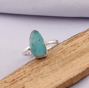 Wholesale Classic 925 Sterling Silver Natural Larimar <b>Ring</b> Freeform Gemstone Cabochon Bezel Set <b>Plain</b> Band Solitaire <b>Ring</b> - Product Image 3