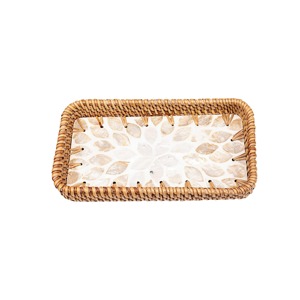Rectangle Mother Of Pearl Rattan Tray For Aesthetic Family Dining And Vanity Tray For Perfume Bottles <b>Candles</b> Or Jewelry - Product Image 1
