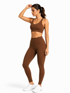 <b>Brown</b> 2-Piece Yoga Set Racerback Crop Top High-Waist Full-Length <b>Leggings</b> Seamless Solid Color Spandex/Nylon Quick Dry - Product Image 1