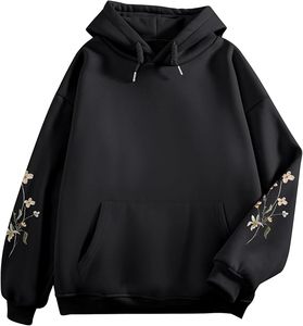 Sudadera con Capucha Negra Unisex, Bordado Floral en la Manga Izquierda, Estilo Holgado Informal, Felpa de Algodón, Ropa de Otoño - Product Image 4