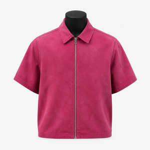 Chemise-veste zippée à manches courtes rose pour homme, couleur unie, col classique, décontractée, printemps, 100% coton biologique, écologique - Product Image 1