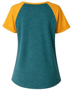 T-shirt pour femme jaune sarcelle à manches courtes, col Henley, coupe raglan, en coton doux, décontracté, idéal pour l'été, confortable pour le quotidien, élégant - Product Image 2