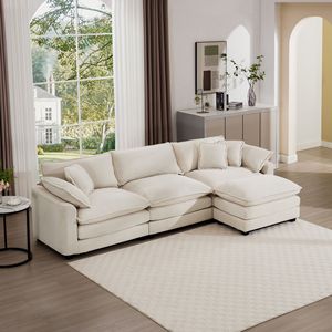 Divano Modulare Profondo a 3 Posti in Corduroy Beige Chiaro con Pouf, Arredamento Confortevole per Soggiorno - Product Image 1