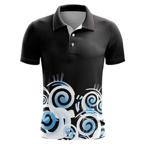 Men Black Short Sleeve Polo Shirt With Blue Geometric Print Casual Breathable Knitted Fabric Regular <b>Fit</b> Digital Printed Design - Product Image 1