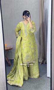 Ensemble Salwar brodé vert, tenue ethnique indienne pour femmes, Kurti Palazzo, robe de fête de mariage - Product Image 3