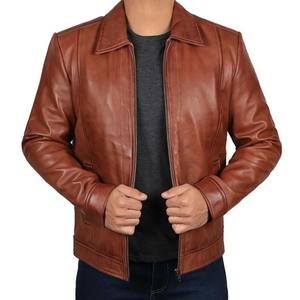 Men's <b>Brown</b> Genuine <b>Leather</b> <b>Jacket</b> Turn-down Collar Zipper Closure Solid Color Autumn Wear Regular Length Moto Style - Product Image 1