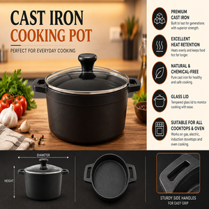 Olla Holandesa de Hierro Fundido Negra con Tapa de Vidrio y Asas Dobles, Revestimiento Cerámico Antiadherente, Compatible con Cocina de Gas e Inducción - Product Image 2