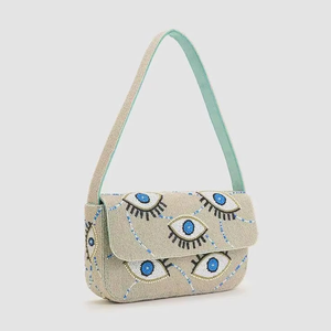 Sac à bandoulière brodé de perles, motif œil porte-bonheur, crème et bleu, perles de rocaille, pochette de soirée tendance pour femme - Product Image 4