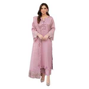 Salwar Kameez rose brodé en coton pour femme, coupe ample, longueur genou, tenue ethnique traditionnelle Inde Pakistan, décontracté ou soirée - Product Image 1
