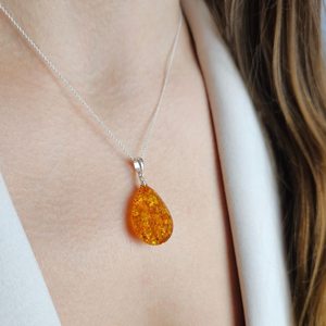 Large Natural Honey Baltic Amber Teardrop Pendant Chunky Silver <b>Drop</b> Necklace Real Gemstone Jewelry Gift Women - Product Image 2