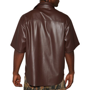 Men's Brown Faux Leather Short Sleeve Casual <b>Shirt</b> With <b>Button</b> Closure And Chest Pockets Turn-down Collar - Product Image 5