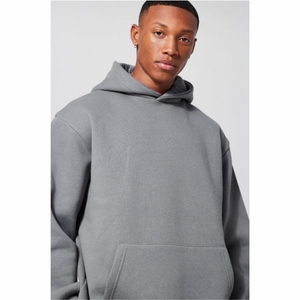 Sweat-shirt à capuche oversize pour homme, gris uni, en molleton de coton, décontracté, manches longues, avec poche, hiver, brodé 2027 - Product Image 4