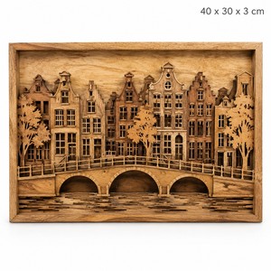 Art mural artisanal découpé au laser en bois de manguier traditionnel, maisons de canal d'Amsterdam, 40x30cm, vente en gros - Product Image 1