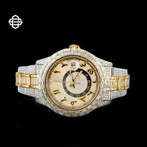 Montre de luxe élégante pour homme, en acier inoxydable, avec quartz, verre et moissanite, chiffres arabes, sertie de diamants, bracelet 20 mm - Product Image 1
