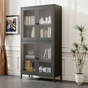 Librero Metálico Clásico con 4 Puertas de Vidrio y 4 Estantes, Vitrina para el Hogar, Oficina o Sala de Estar - Product Image 1