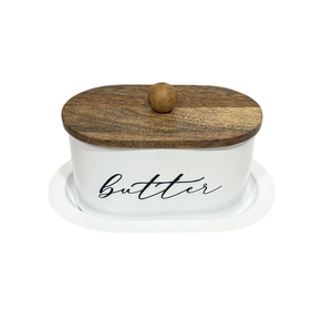 Mantequillera de Esmalte Blanco con Tapa de Madera de Acacia, Contenedor Grande para Mantequilla, Caja de Almacenamiento para Cocina Estilo Rústico - Product Image 2
