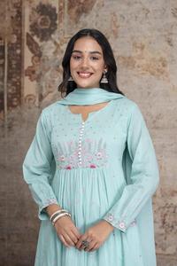 Traditional Indian Cotton Anarkali <b>Kurti</b> With Pant & Dupatta Floral Embroidery Loose Fit Ankle Length For Women All Seasons - Product Image 6