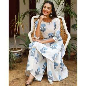 Ensemble Kurta Buti pour femmes, taille XS, manches trois-quarts, coton/fibre de bambou respirant - Product Image 3