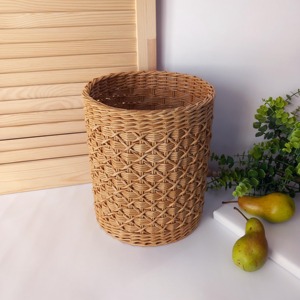 Rattan Storage Basket Cylindrical Woven Geometric Pattern Minimalist Decorative Indoor Household Use Open Top Wastes <b>Bin</b> - Product Image 3
