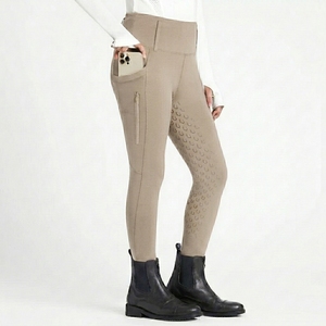 Pantalones de equitación rosas de cintura alta para mujer con bolsillos y cremallera, pantalones ecuestres largos de punto de nailon y spandex - Product Image 5