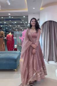 Women Traditional Indian Pakistani Salwar Kameez Floor Length Embroidered Polyester Wedding <b>Dress</b> <b>Loose</b> Fit Pink Gold Trim - Product Image 2