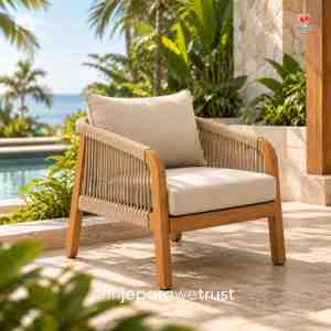 Modern <b>Outdoor</b> Teak Wood 3 Seater Sofa with Woven Rope and <b>Cushion</b> for Villa Hotel Resort <b>Garden</b> Patio Furniture - Product Image 1