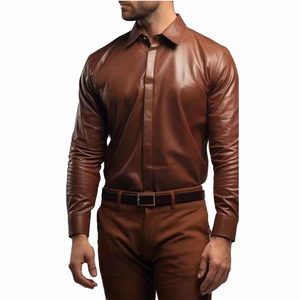 Men's Brown Leather Dress <b>Shirt</b> Full Sleeve Turn-down Collar Solid Formal <b>Shirt</b> Autumn Style - Product Image 1