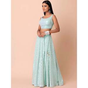 Robe de soirée bleu ciel brodée en georgette, Lehenga Choli pour réception - Product Image 6