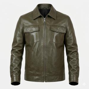 Veste en cuir véritable olive pour homme, col montant, respirante, écologique, style streetwear, coupe classique, vêtements d'hiver WARPRO - Product Image 2
