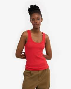 Camiseta sin mangas de punto de algodón/spandex con cuello redondo para mujer Whiteaura International, color rojo sólido, estilo casual minimalista, longitud regular - Product Image 1