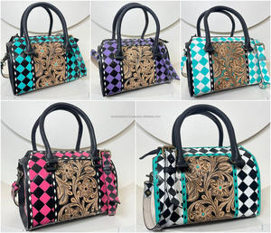 Medium Speedy <b>Bag</b> Hand Tooled Genuine Leather Shoulder Handbag with Checkered Design <b>Crossbody</b> Purse for Daily Travel Duffel <b>Bag</b> - Product Image 5