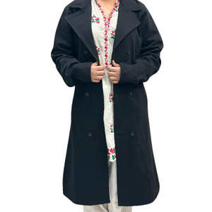 Manteau long en jean pour femme, style trench, double boutonnage, à lacets, coupe ample, pour printemps, automne et hiver, couleur noire - Product Image 4