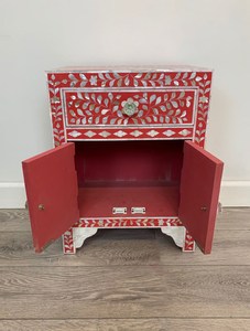 Pink Bone Inlay Nightstand Mirrored Bedside Cabinet Wooden <b>Side</b> <b>Table</b> Drawer <b>Storage</b> for Bedroom - Product Image 2