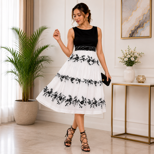 Elegante Vestido Midi Negro y Blanco, Estilo Halter, con Encaje y Organza, Corte en A, Sin Mangas, Cuello Joya, para Fiesta, Estilo Veraniego - Product Image 4