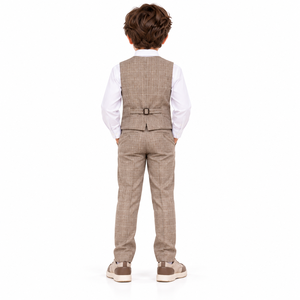 Boys Beige Check Plain Polyester/Cotton Academic School Uniform Set White Shirt <b>Waistcoat</b> Trousers Kids Student Clothing - Product Image 6